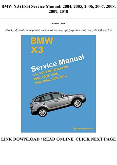 The e83 x3 model is a car manufactured by bmw, sold new from year 2004 until 2005, and available after that as a used car. BMW X3 (E83) Service Manual: 2004, 2005, 2006, 2007, 2008, 2009, 2010 Full Books by shirra ...