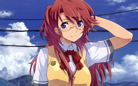 As a graphic artist, she is hardworking but has a childish side to her. anime, Anime Girls, Glasses, Meganekko, Redhead, Purple Eyes, School Uniform, Ano Natsu De ...