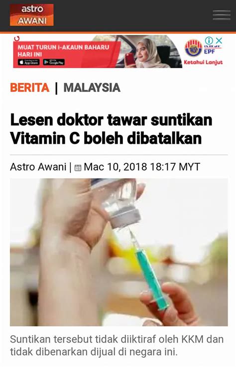 Vitamin c yang dilakukan melalui suntikan pada dasarnya sama apabila anda mengkonsumsinya secara biasa. Suntikan Vitamin C Bukan Berkesan Untuk Cantik, Tapi ...