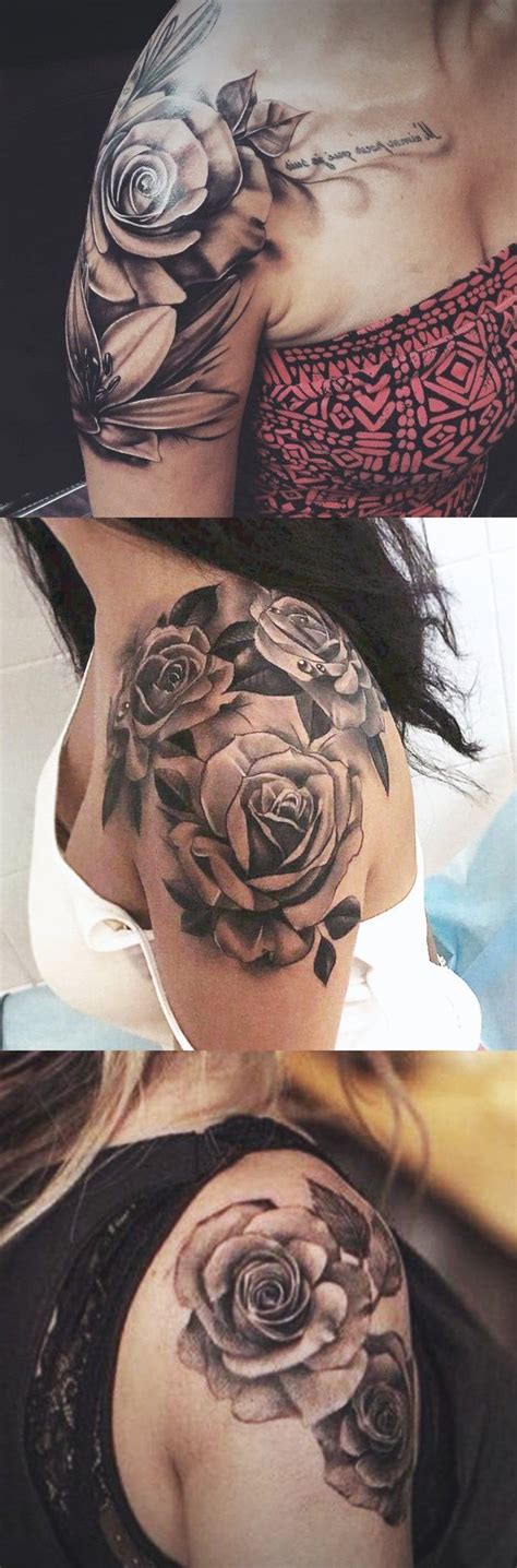 Dead roses tattoo on the shoulder. Women's Rose Shoulder Tattoo Ideas in Black and White ...