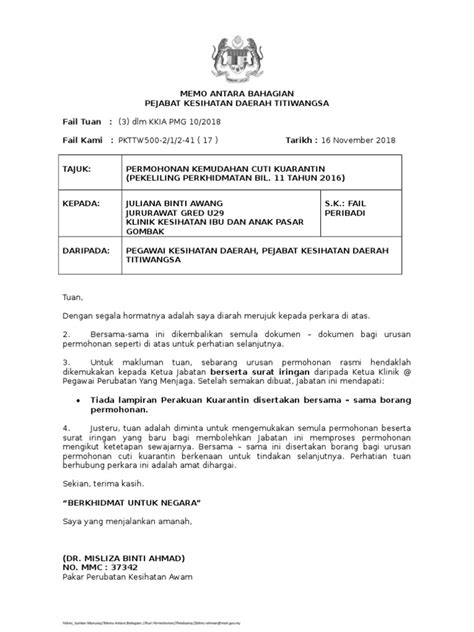 Permohonan cuti kuarantin 5 hari tanpa rekod penjawat awam. Contoh Surat Permohonan Cuti Kuarantin