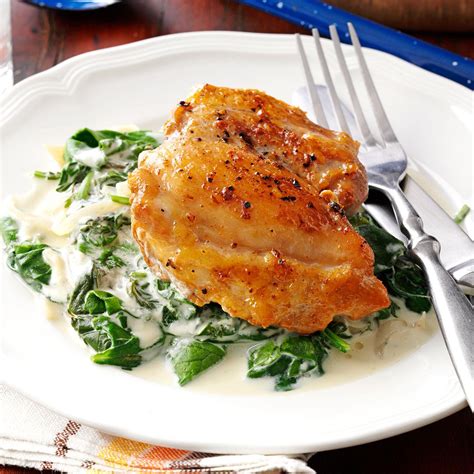 They're so juicy, full of flavor, and they are very easy to make! Chicken Thighs with Shallots & Spinach Recipe | Taste of Home