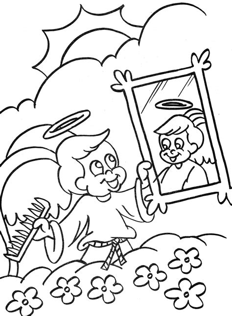 Printable beautiful princess with mirror in her hand coloring page. angel coloring page - boy angel looking in the mirror ...