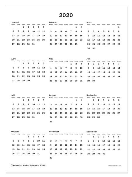 Skriv ut varje månad separat och kombinera dem på väggen till arskalender för utskrift / utskrift av kalendern via pdf. Årskalender 2020 - 33MS - Michel Zbinden SV