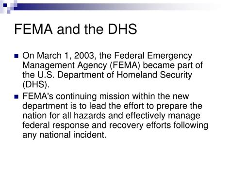 The federal emergency management administration (fema) is an agency under the department of this new department was created after september 11, 2001, the day that changed the lives of all americans. PPT - The Homeland Security Act of 2002 PowerPoint ...