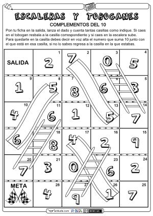 Las fichas se mueven según la numeración del tablero, en sentido ascendente. Escaleras y toboganes (complementos del 10) - Actiludis