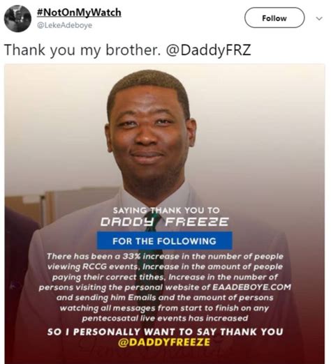 Late pastor dare was the assistant pastor, in charge of region 35. Pastor Adeboye's Son "leke Adeboye" Thanks Daddy Freeze ...