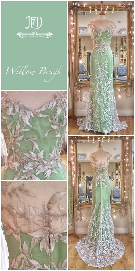 Embroidered Leaves Green Silk Wedding Dress with Silver ...