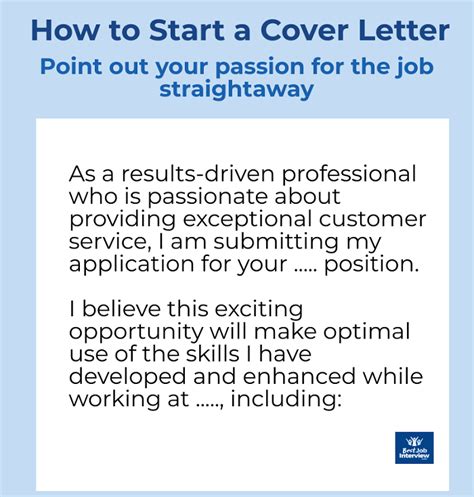 First impressions are key, especially on a cover letter, where you have the opportunity to show the real person behind the compilation of work experiences. Cover Letter Intro - best examples of how to start a cover ...