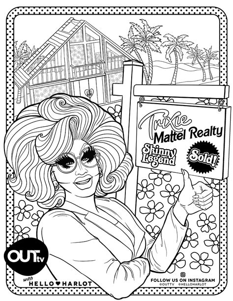 Androgynous lady with festival neon colors wearing a crown and accessories. OUTtv x Hello Harlot - Drag Royalty Colouring Pages - OUTtv