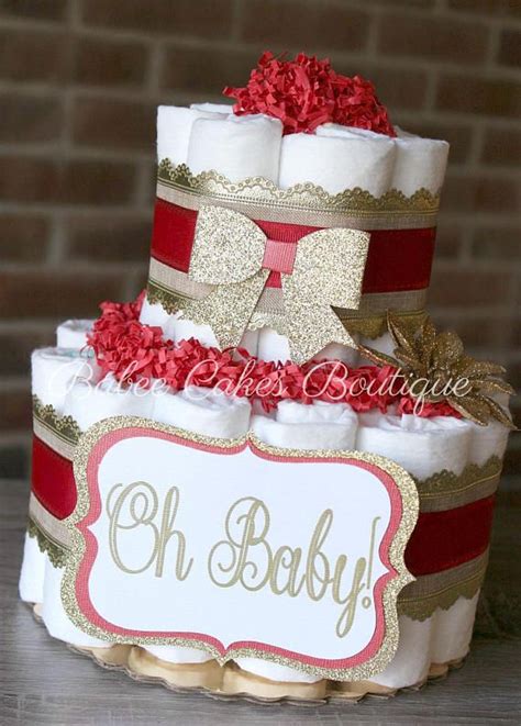 A christmas themed baby shower is an excellent way to celebrate your baby's arrival! 2 Tier Oh Baby Diaper Cake Burlap Red Gold Christmas ...