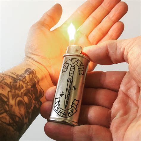 Stay Sharp hand-engraved lighter sleeve. Engraved in ...