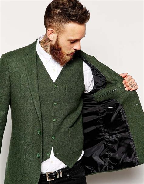 Choose a stylish mens suit for occasions. Groom in rustic vintage green jacket and waistcoat | Mens ...