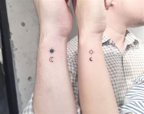 Geometric sun and moon matching tattoos. Matching sun and moon tattoo.