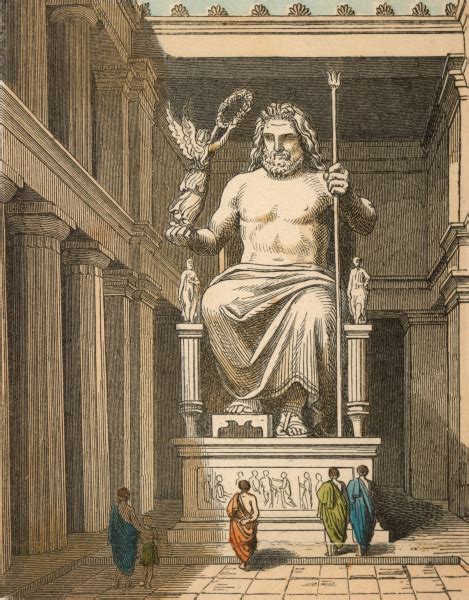 Weiterhin gibt es zahlreiche darstellungen von zeus als krieger mit dem attribut des blitzbündels oder des zepters, thronend als göttervater. Statue of Zeus in Olympia , H. Leutemann - Heinrich ...