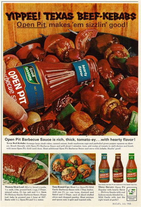 2 cups open pit bbq sauce 1 small white onion chopped 4 tbsp dark brown sugar 3 tbsp honey 2 tbsp red wine vinegar 2 tbsp crushed red pepper 2 tbsp dark molasses 2 tbsp worcestershire sauce 2 tsp liquid smoke. 1965 Food Ad, Good Seasons Open Pit Barbecue Sauce & Recipes, General Foods | Recipes, Food ...