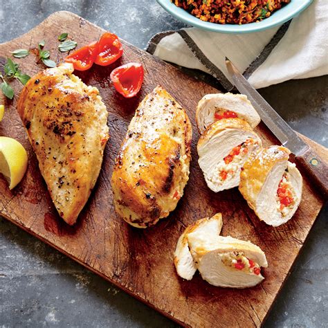 Browning the chicken in a skillet before baking gives it a beautiful golden color, and finishing it in the oven ensures that this healthy baked chicken recipe cooks evenly throughout. Basil, Feta, and Quinoa Stuffed Chicken Breasts Recipe ...