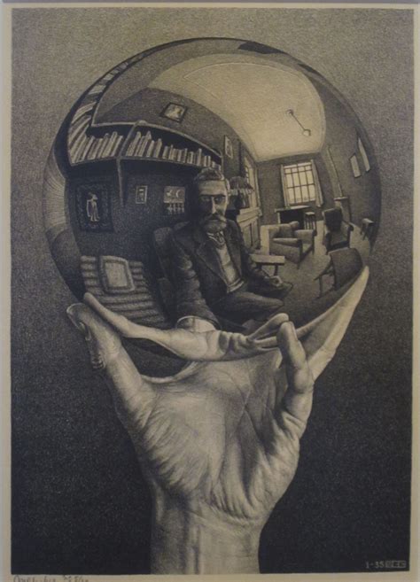 Hand with reflecting sphere, également connu sous le nom d' autoportrait dans un miroir sphérique, est une lithographie de l' artiste néerlandais mc escher , imprimée pour la première fois en janvier 1935. M.C. Escher, Hand with Reflecting Sphere | Mc escher ...