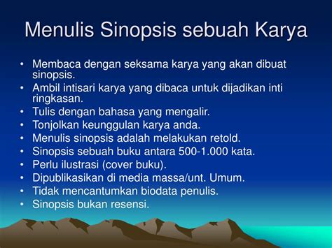 Menurut kamus besar bahasa indonesia (kbbi), sinopsis adalah ikhtisar atau ringkasan dari karangan yang biasanya. PPT - Teknik Penulisan Artikel Telaah Pustaka & Sinopsis PowerPoint Presentation - ID:3487906