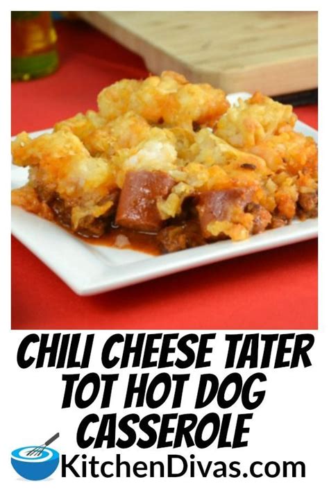 Put a layer of tater tots over the bean weenie mixture. This Chili Cheese Tater Tot Hot Dog Casserole is ...