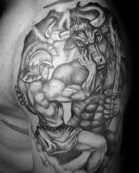 Minotaur is greek for bull of minos. the bull was also known as asterius or asterion, a name shared with minos's. 40 Minotaur Tattoo Designs für Männer - griechische ...