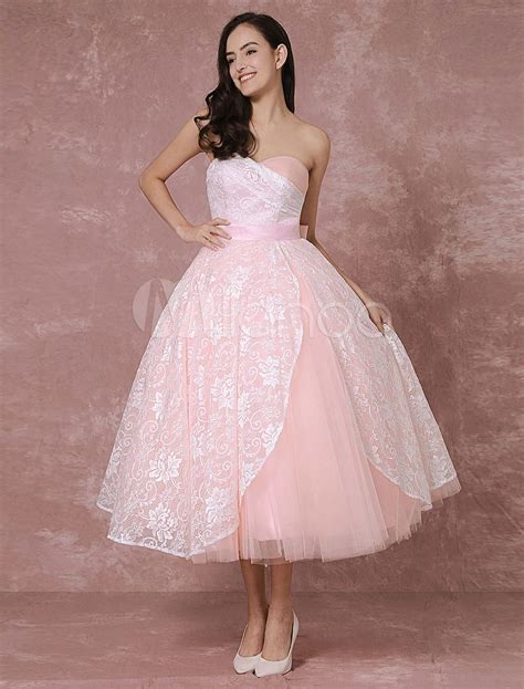 Strapless lace bodice is adorned with flowers, sequins, crystals and pearls detail. Blush Wedding Dress Short Lace Bridal Gown Pink Ball Gown ...