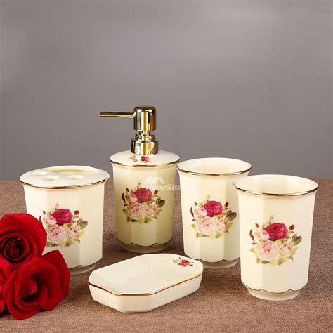 4 piece bathroom, with resolution 1600px x 1200px. 5-Piece Floral Bathroom Accessories Set Ceramic Floral Enamel