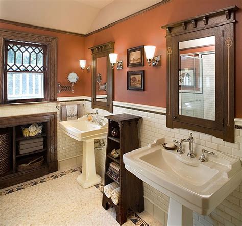 Craftsman style bathroom designs feature rich custom wood vanities, handcrafted stone or woodwork, beautiful tile and elegant lighting. Love the wall color.... SW 2838 Polished Mahogany by ...