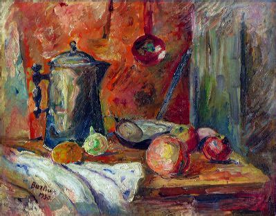 Stilleven is een artistieke compositie (schilderij, tekening, foto) van levenloze dingen, die met zorg zijn belicht. Still life with a jug, 1930 - David Burliuk - WikiArt.org