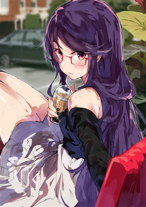 As a graphic artist, she is hardworking but has a childish side to her. long hair, purple hair, red eyes, anime, anime girls, glasses, Nijisanji, Virtual Youtuber ...