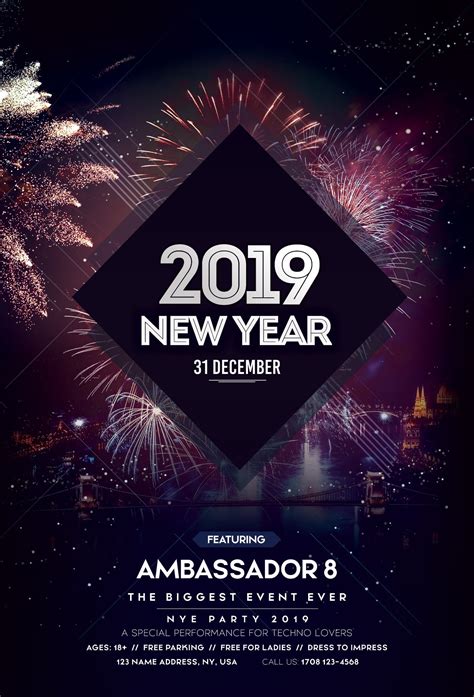 This beautiful new year flyer templates customizable with photoshop is perfect to promote your new year's 2021 event ! Happy New Year 2019 #2 - Free PSD Flyer Template - StockPSD