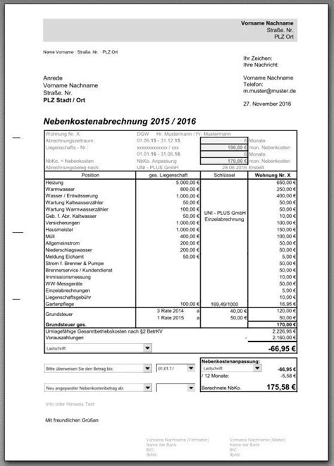 Muster nebenkostenabrechnung name des absenders: Nebenkostenabrechnung einer Eigentumswohnung in Excel