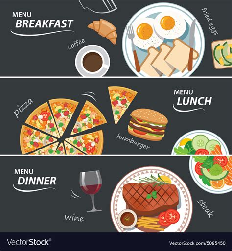 The video covers not only the names of meals but also deals with past, present and future tenses. Set of breakfast lunch and dinner web banner Vector Image