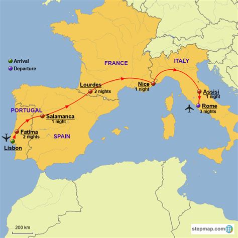 The train journey time between portugal and spain is around 27h 34m and covers a distance of around 747 km. StepMap - Portugal Spain France and Italy - Landkarte für ...