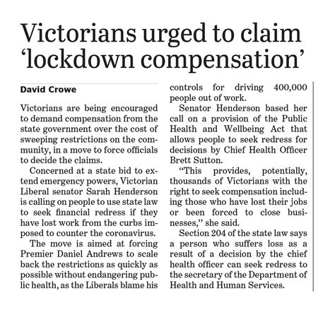 Victoria is going back into lockdown for a third time, state premier daniel andrews has announced. Victorians urged to claim 'lockdown compensation', The Age ...