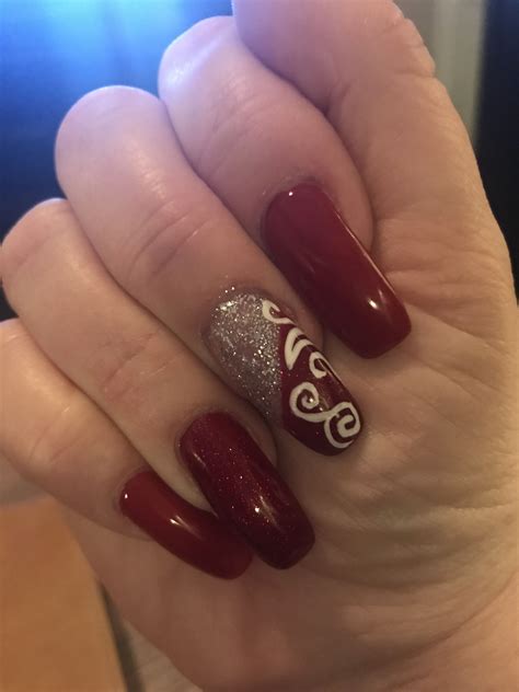 Christmas nail art, coffin shape, red glitter nails, silver and red ...