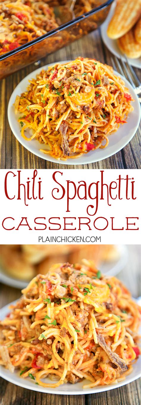 Great for a busy week night, and good enough for company. Chili Spaghetti Casserole | Plain Chicken®