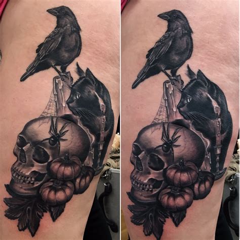 It is, in fact, more significant and broader than that. Black and gray Halloween themed thigh tattoo by Meghan ...