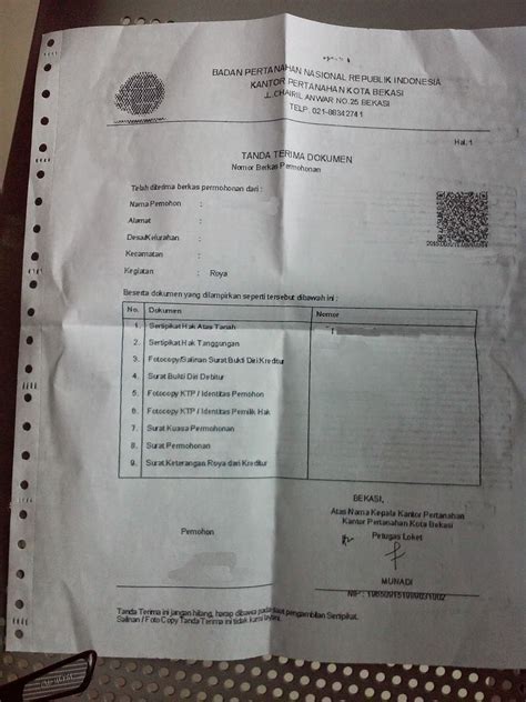 Dokumen tanda terima sejatinya adalah sebuah bukti telah terjadinya transaksi serah terima dokumen, barang, uang, ataupun jasa antara dua pihak. Saya & Keluarga: Roya (Penghapusan Hak Tanggungan) Sertifikat Tanah di BPN Kota Bekasi