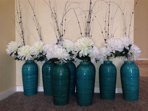 Floroom artificial flowers 25pcs real looking teal green fake roses with stems for diy wedding bouquets baby shower centerpieces floral arrangements party tables home decorations. Teal vases with artificial flowers and twine done for $20 ...
