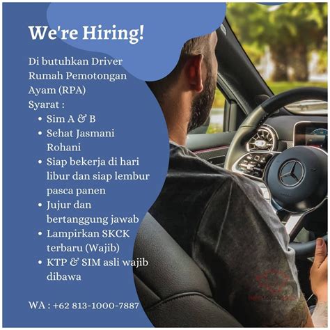 Lowongan driver sim a/b1/b2 untuk langsung penempatan setelah lebaran di butuhkan untuk sim a/b1/b2 aktif untuk pengiriman barang dan dokumen wilayah jabodetabek fasilitas: Lowongan Kerja Driver Rumah Pemotongan Ayam di Solo - INFO ...