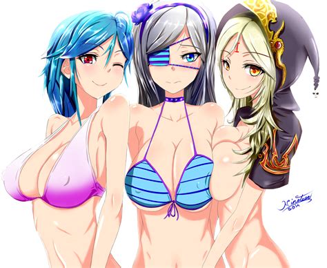 The greatest tall anime characters of all time. Wallpaper : anime girls, boobs, red eyes, winking, blue hair, white background, bikini, original ...