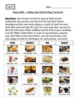 Fractions, estimation, menu math, reasoning, equations and probability. Menu Math - Adding and Subtracting Decimals Activity by ...