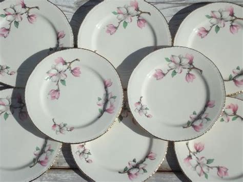 Ofacl gorgeous vintage floral party disposable paper dinner plates round paper tableware dessert luncheon plates set for birthday party wedding,white blue floral pattern,12 pieces. vintage Homer Laughlin china plates, pink magnolia branch ...