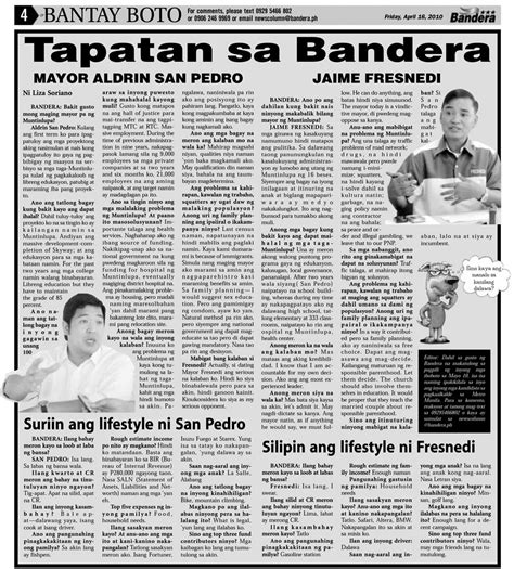 This is the list of newspapers currently being published in the philippines. Tapatan sa Bandera (Muntinlupa City): Aldrin San Pedro ...