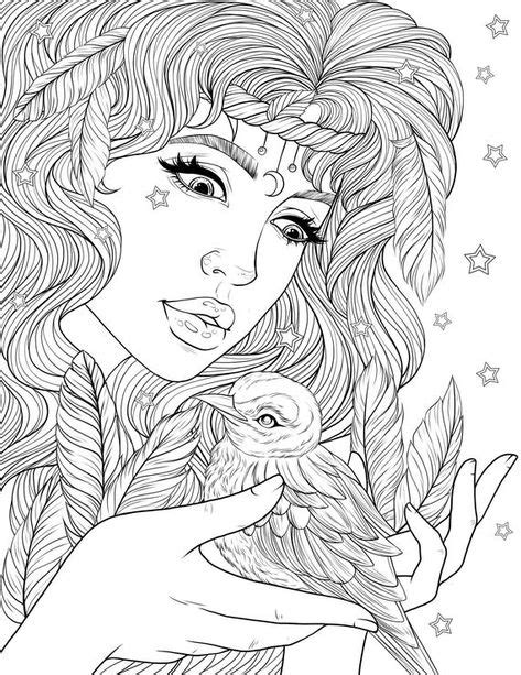 Adult coloring is all the rage! Adult Coloring Page Lady with bird in the hands Digital ...
