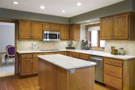 Grey kitchen walls with oak cabinets. Alison Besikof Custom Designs | Honey oak cabinets, Oak ...