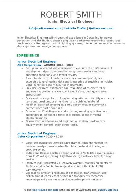 I'm an electrical engineering student, looking for a summer internship at a software development company. Junior Electrical Engineer Resume Samples | QwikResume