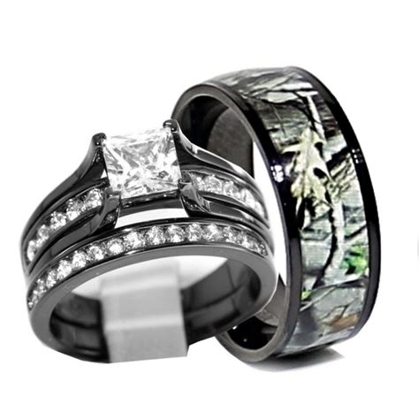 Discover matching wedding band sets for women and men that beautifully represent the unique bond of love. Camo Wedding Ring Sets For Him And Her