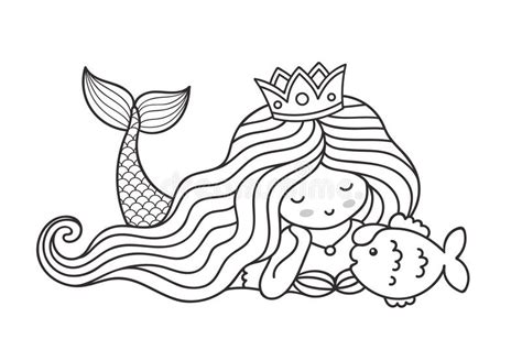 Mermaid Lying On The Seabed, With Cute Little Fish. Stock Vector ...